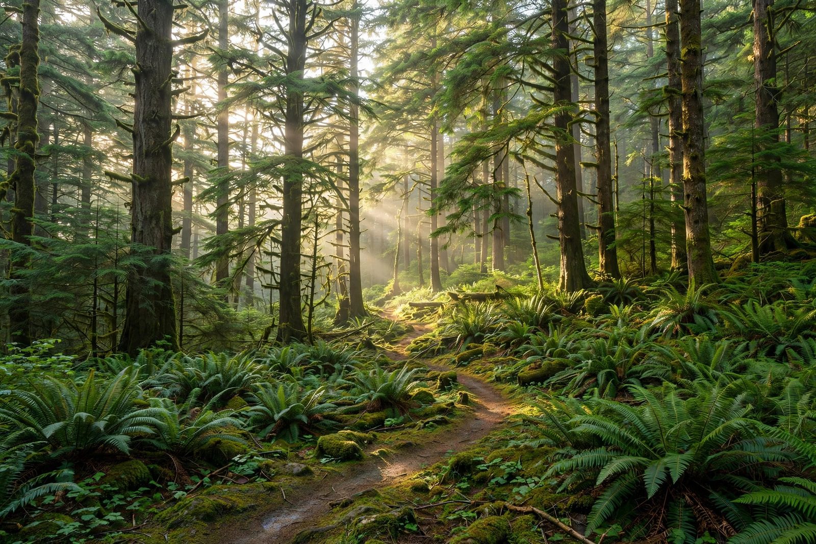 Sunlit forest trail winding through coastal British Columbia evergreens