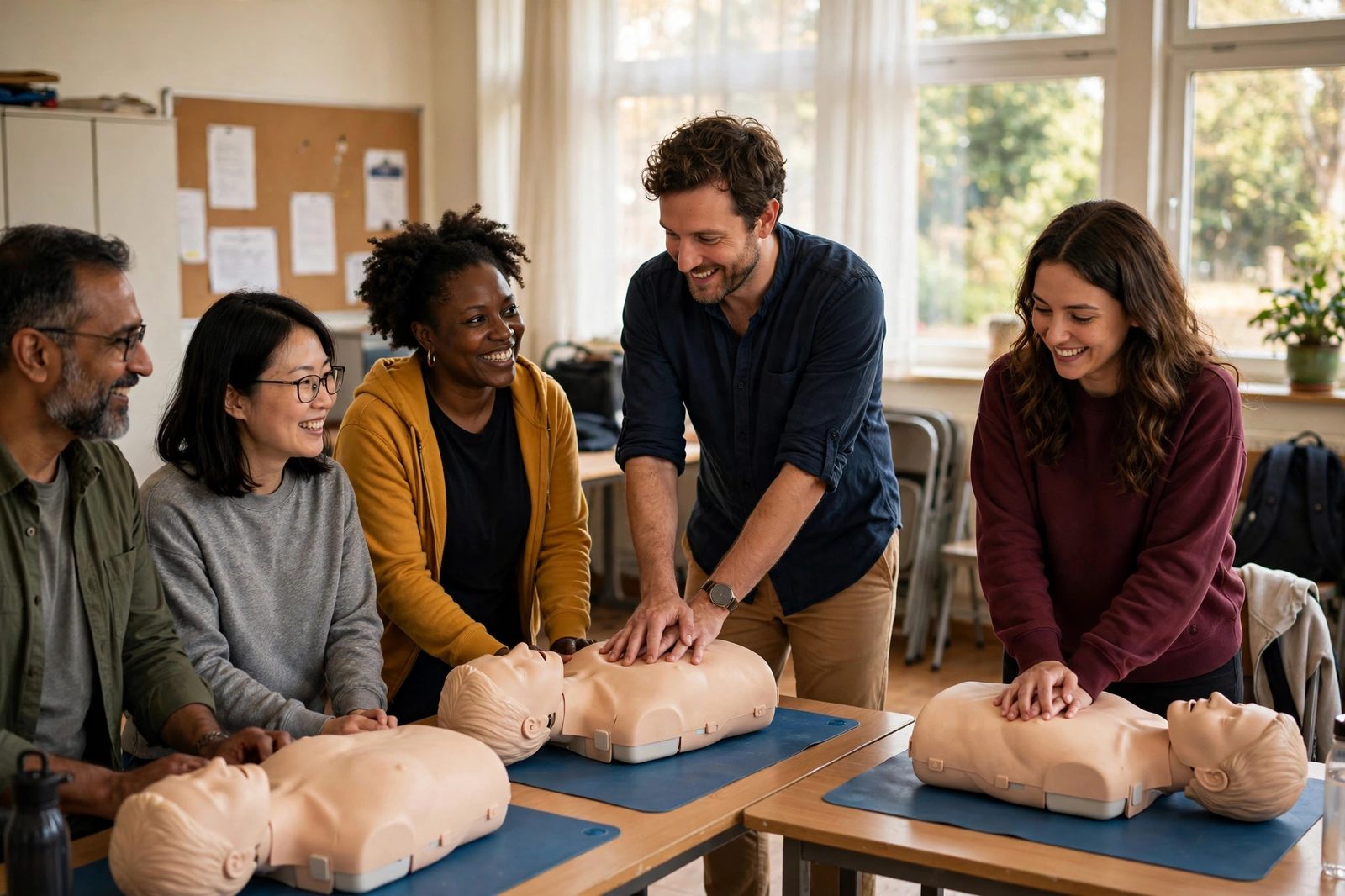 Community members practicing CPR on training mannequins with an instructor